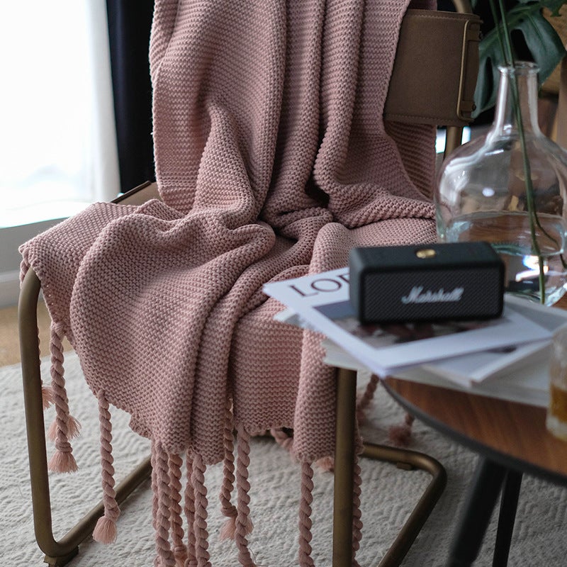 Autumn Nordic Knitted Blanket Thick Sofa Throw Pink 