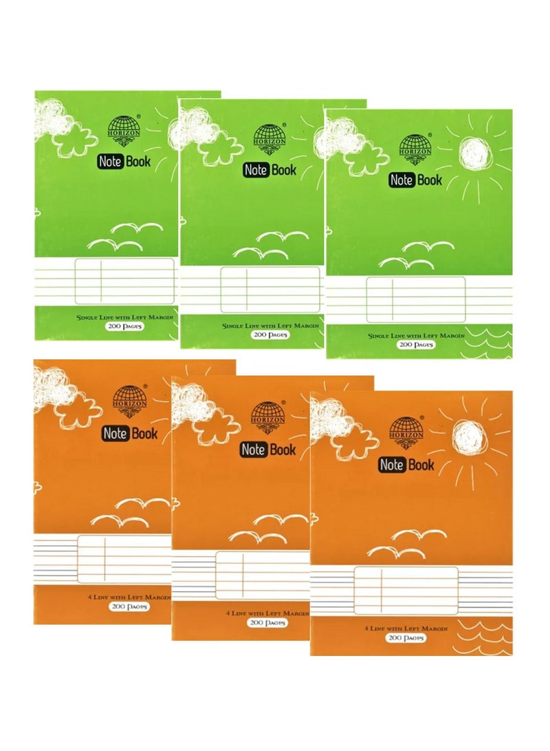 Horizon مجموعة دفاتر بحجم A5 مكونة من 6 قطع بخط واحد وأربعة خطوط 200 صفحة - Image 1