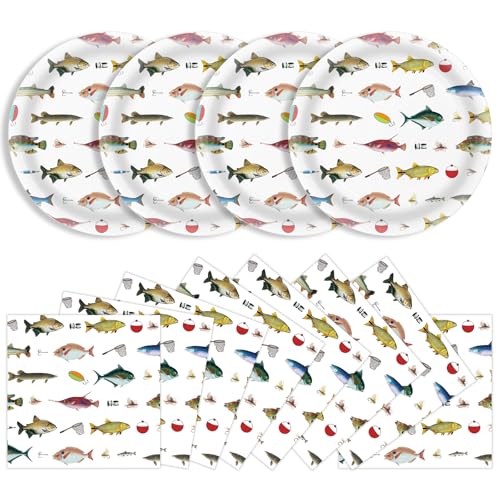 KFJBPB 40 Pcs Fishing Plates and Napkins Party Supplies, Fishing Birthday Paper Plates and Napkins Disposable Tableware Set for Ofishally One Birthday Decorations Serves 20 - Image 1