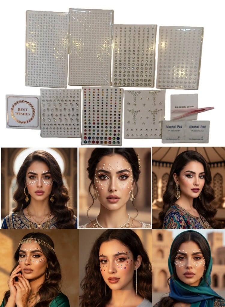 maffick 7 Sheets Face & Eye Makeup Rhinestone Stickers Set with Tool Kit (Tweezers, Alcohol Pads, Card) - Self-Adhesive Pearls, Stars, Moon & Teardrop Gems for Festival Body Art & Nail DIY - Image 1