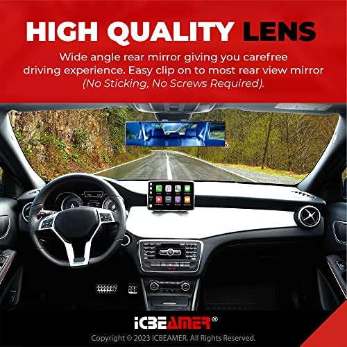 ICBEAMER 11.8" ICBEAMER Clip On Rear View Mirror | Flat Blue Tint Glass, Panoramic Wide Angle HD Glass, Anti Glare, Universal Fit for Car, SUV, Truck | Eliminates Blind Spots (1 Pack) - Image 3