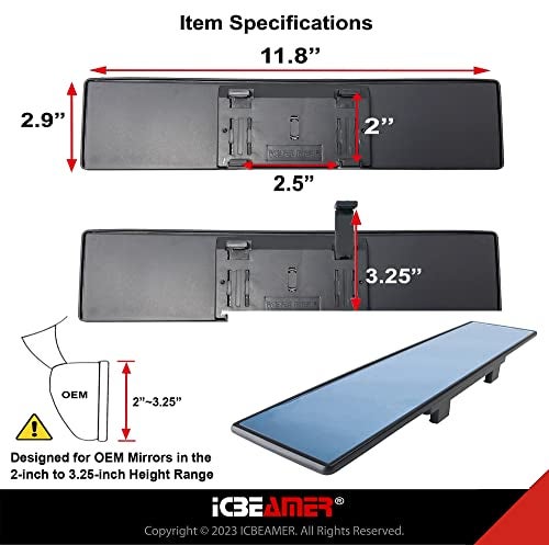 ICBEAMER 11.8" ICBEAMER Clip On Rear View Mirror | Flat Blue Tint Glass, Panoramic Wide Angle HD Glass, Anti Glare, Universal Fit for Car, SUV, Truck | Eliminates Blind Spots (1 Pack) - Image 5