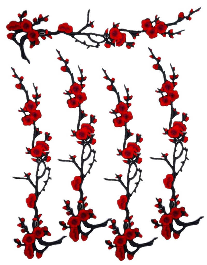 MSCFTFB 5 Pieces 14inch Long Plum Blossom Iron on Patches Floral Embroidered Patch Appliques Trimming for Neckline Shoes Jeans Clothes Repairing Embellishment Decor (Burgundy) - Image 1