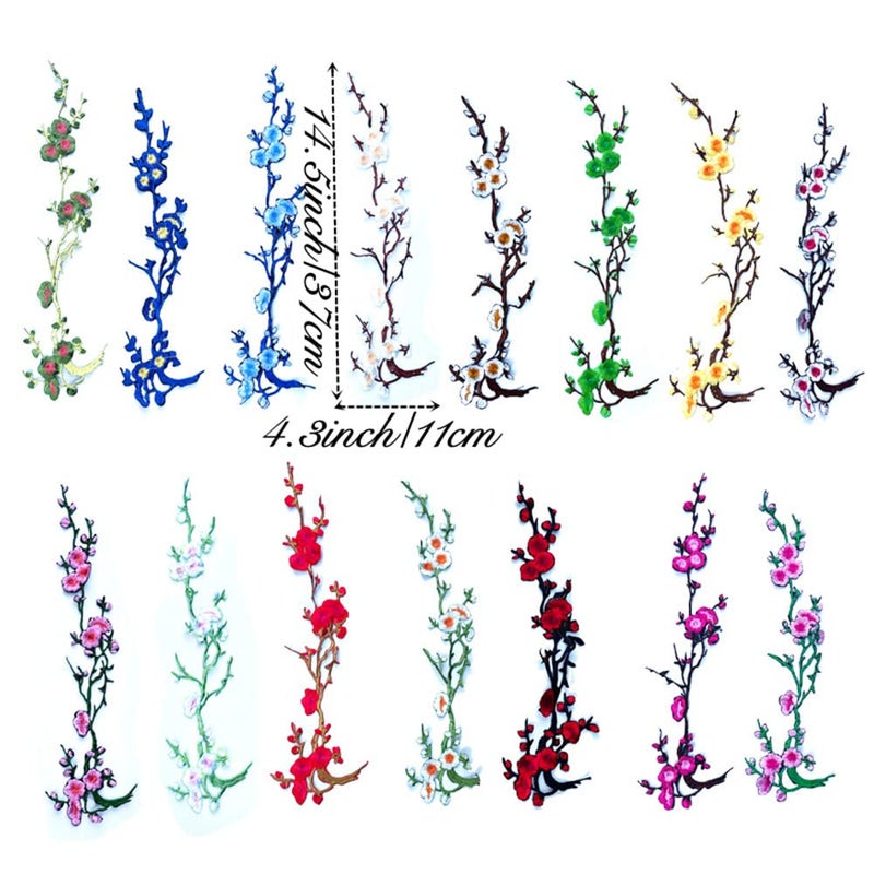 MSCFTFB 5 Pieces 14inch Long Plum Blossom Iron on Patches Floral Embroidered Patch Appliques Trimming for Neckline Shoes Jeans Clothes Repairing Embellishment Decor (Burgundy) - Image 3