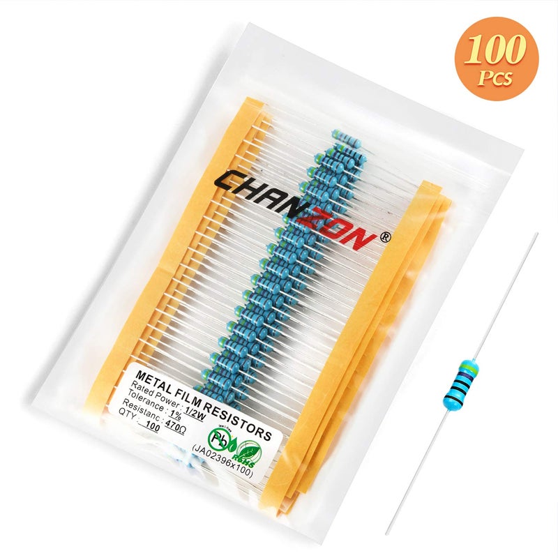 CHANZON 100pcs 1/2W (0.5W) 470 Ω ohm Metal Film Fixed Resistor 0.01 ±1% Tolerance 470R MF Through Hole Resistors Current Limiting Rohs Certificated - Image 5