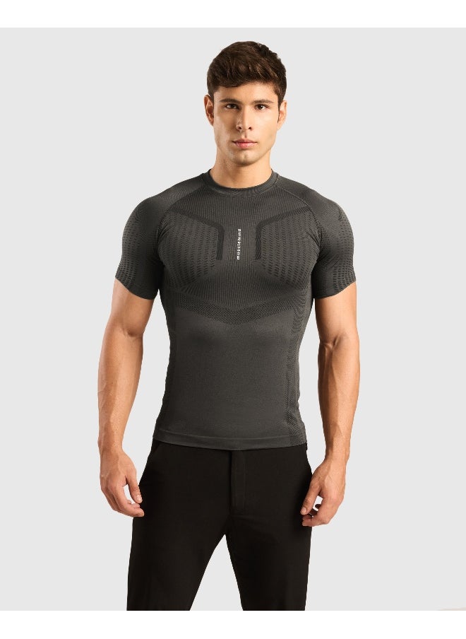 Musclemind Seamless Compression Half Sleeve T-Shirt with Ribbed Panels for Posture Assistance, Breathable Mesh, Quick Drying, Anti-Static, Anti-Odour, Anti-Microbial And 4-Way Stretchable  - Image 1