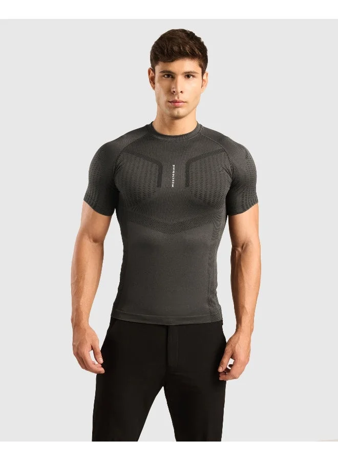 Musclemind Seamless Compression Half Sleeve T-Shirt with Ribbed Panels for Posture Assistance, Breathable Mesh, Quick Drying, Anti-Static, Anti-Odour, Anti-Microbial And 4-Way Stretchable