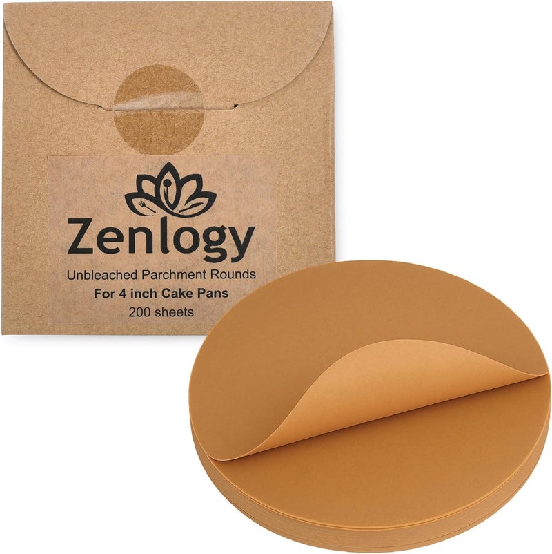 Zenlogy 4 Inch Small Parchment Paper Rounds (200 Sheets) - Unbleached, Pre-cut, High Heat, Round Liners - Fits 4 inch Small Round Pans or Great for Lining, Freezing and Storing, and Separating - Image 1
