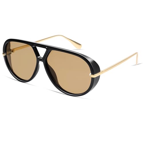 VANLINKER Trendy Polarized Aviator Sunglasses for Women Men Retro Oversized Round Sunglasses Vintage Side Shield Shades VL9798, Black/Brown - Image 3