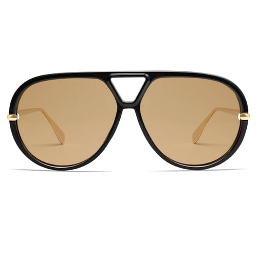 VANLINKER Trendy Polarized Aviator Sunglasses for Women Men Retro Oversized Round Sunglasses Vintage Side Shield Shades VL9798, Black/Brown - Image 1