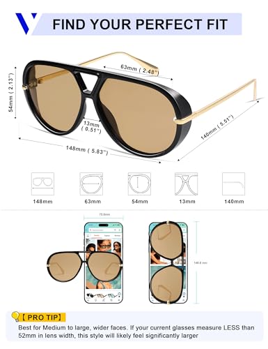 VANLINKER Trendy Polarized Aviator Sunglasses for Women Men Retro Oversized Round Sunglasses Vintage Side Shield Shades VL9798, Black/Brown - Image 5