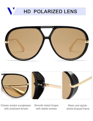 VANLINKER Trendy Polarized Aviator Sunglasses for Women Men Retro Oversized Round Sunglasses Vintage Side Shield Shades VL9798, Black/Brown - Image 4