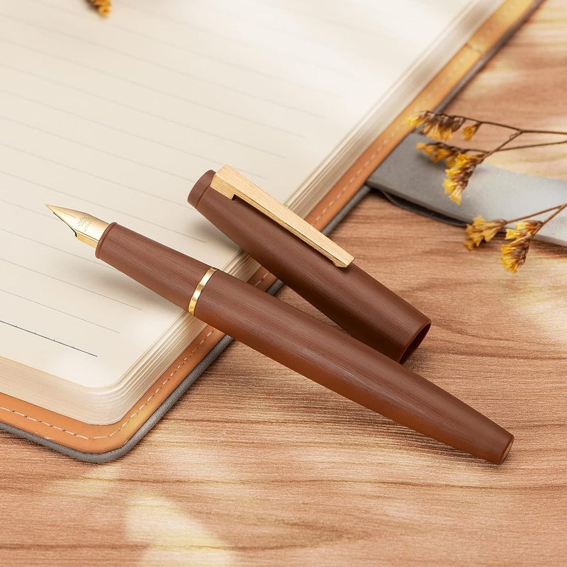 Wikult Jinhao 80 Brown Fiber Brushed Fountain Pen, Iridium Fine Gold Nib with Ink Converter, Classic Design Smooth Writing Pen (Gold Clip) - Image 1
