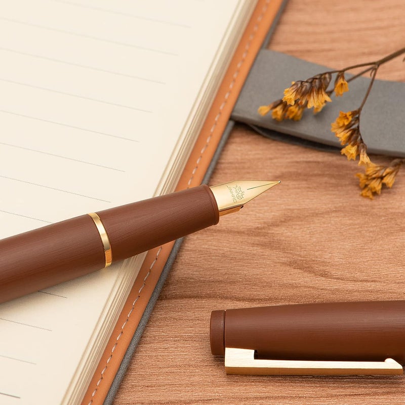 Wikult Jinhao 80 Brown Fiber Brushed Fountain Pen, Iridium Fine Gold Nib with Ink Converter, Classic Design Smooth Writing Pen (Gold Clip) - Image 2