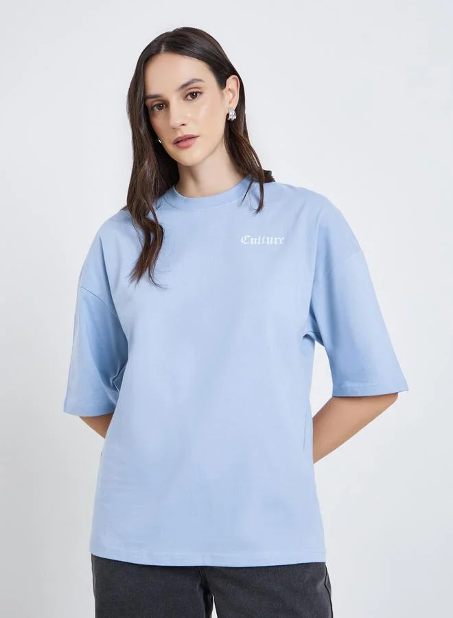 Women Blue Graphic Print Oversized T-Shirt