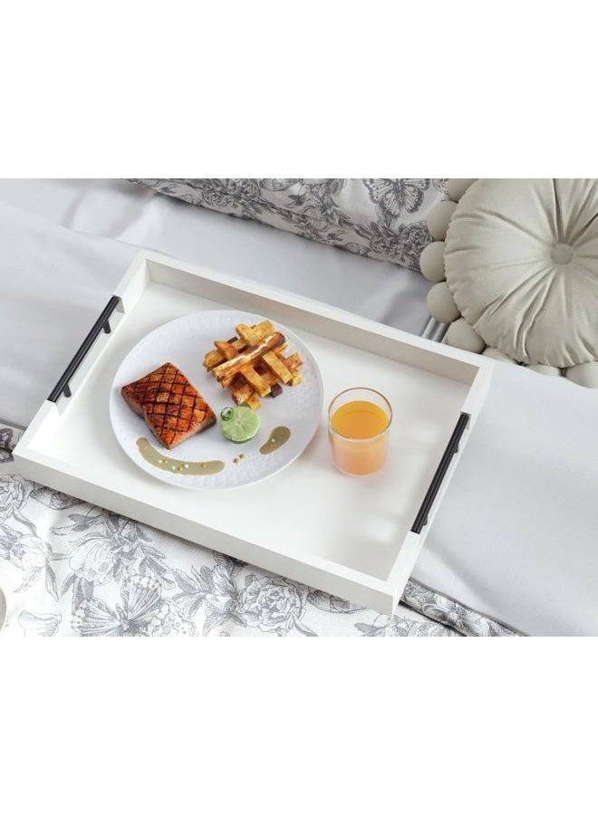 Fibogollo Bamboo Serving Tray with Metal Handles,17x12in Ottoman Decorative Trays Platter for Coffee Table,Living Room,Bar,Party,Large(White) - Image 2