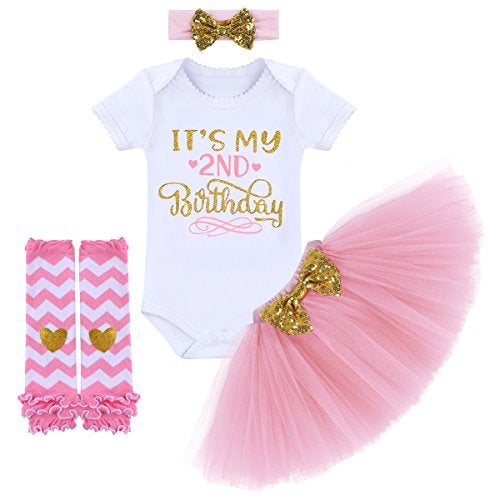 OBEEII It’s my 2nd Birthday Outfit Baby Girl Romper Tutu Skirt Glitter Sequin Bowknot Headband Leg Warmers 4pcs Set Cake Smash Photography Props Pink 2nd Birthday 2 Years Old - Image 1