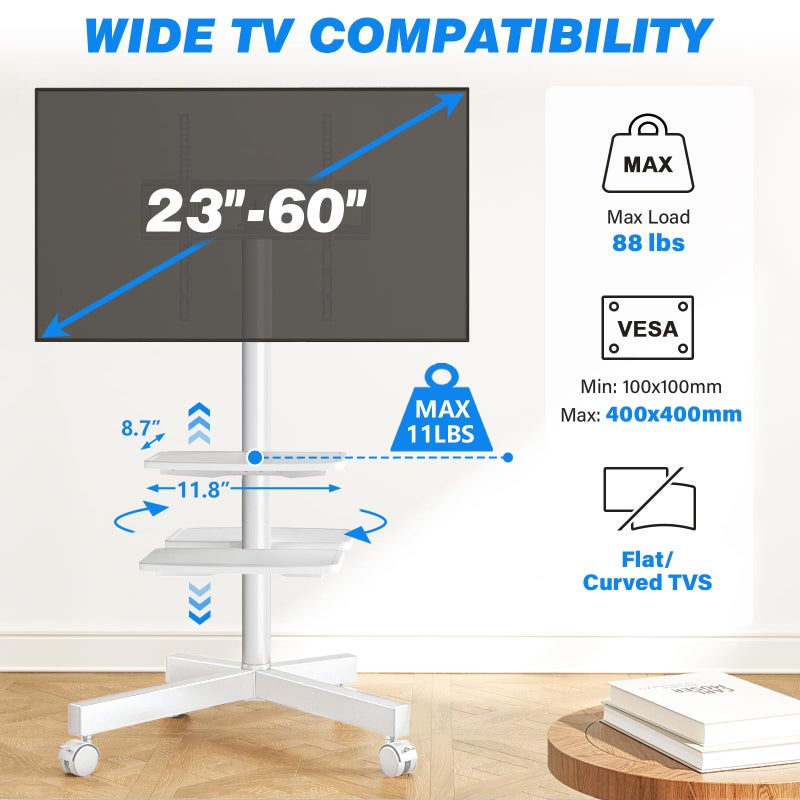 Rfiver Mobile TV Stand for 23-60 Inch LCD LED Flat/Curved Panel Screen TVs up to 88 lbs, Rolling TV Stand with Adjustable Shelf & Tilt, Portable Floor Stand on Wheels for Bedroom, Living Room, White - Image 2