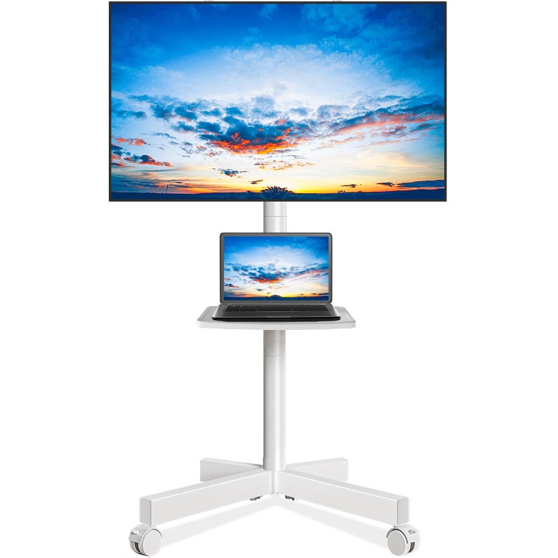 Rfiver Mobile TV Stand for 23-60 Inch LCD LED Flat/Curved Panel Screen TVs up to 88 lbs, Rolling TV Stand with Adjustable Shelf & Tilt, Portable Floor Stand on Wheels for Bedroom, Living Room, White - Image 1