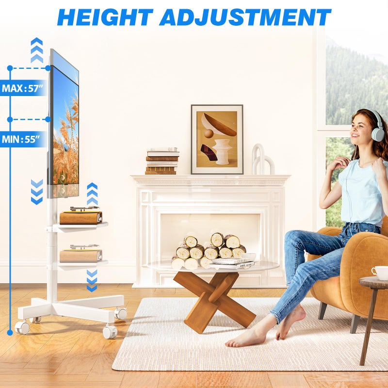 Rfiver Mobile TV Stand for 23-60 Inch LCD LED Flat/Curved Panel Screen TVs up to 88 lbs, Rolling TV Stand with Adjustable Shelf & Tilt, Portable Floor Stand on Wheels for Bedroom, Living Room, White - Image 3