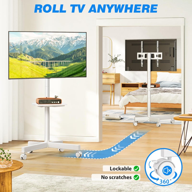 Rfiver Mobile TV Stand for 23-60 Inch LCD LED Flat/Curved Panel Screen TVs up to 88 lbs, Rolling TV Stand with Adjustable Shelf & Tilt, Portable Floor Stand on Wheels for Bedroom, Living Room, White - Image 4
