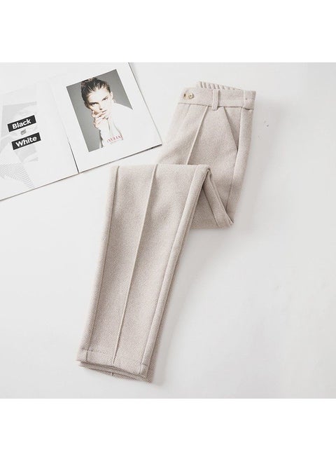 2023 Womens Fleece-Lined Wool Trousers High-Waist Harem Pants Apricot [regular style-without velvet]