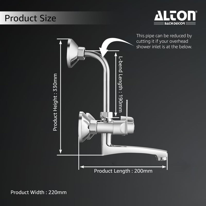 ALTON FAM3385 Wall Mixer With Provision For Over Head Shower and 190mm Long Bend Pipe Chrome - Image 2