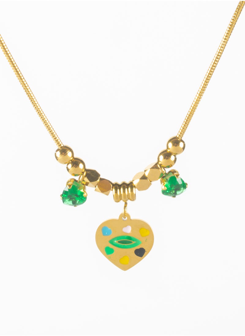 The Black Pearl Accessories - Colorful Heart & Green Zirconia Stainless Steel Golden Pendant Necklace - Image 1