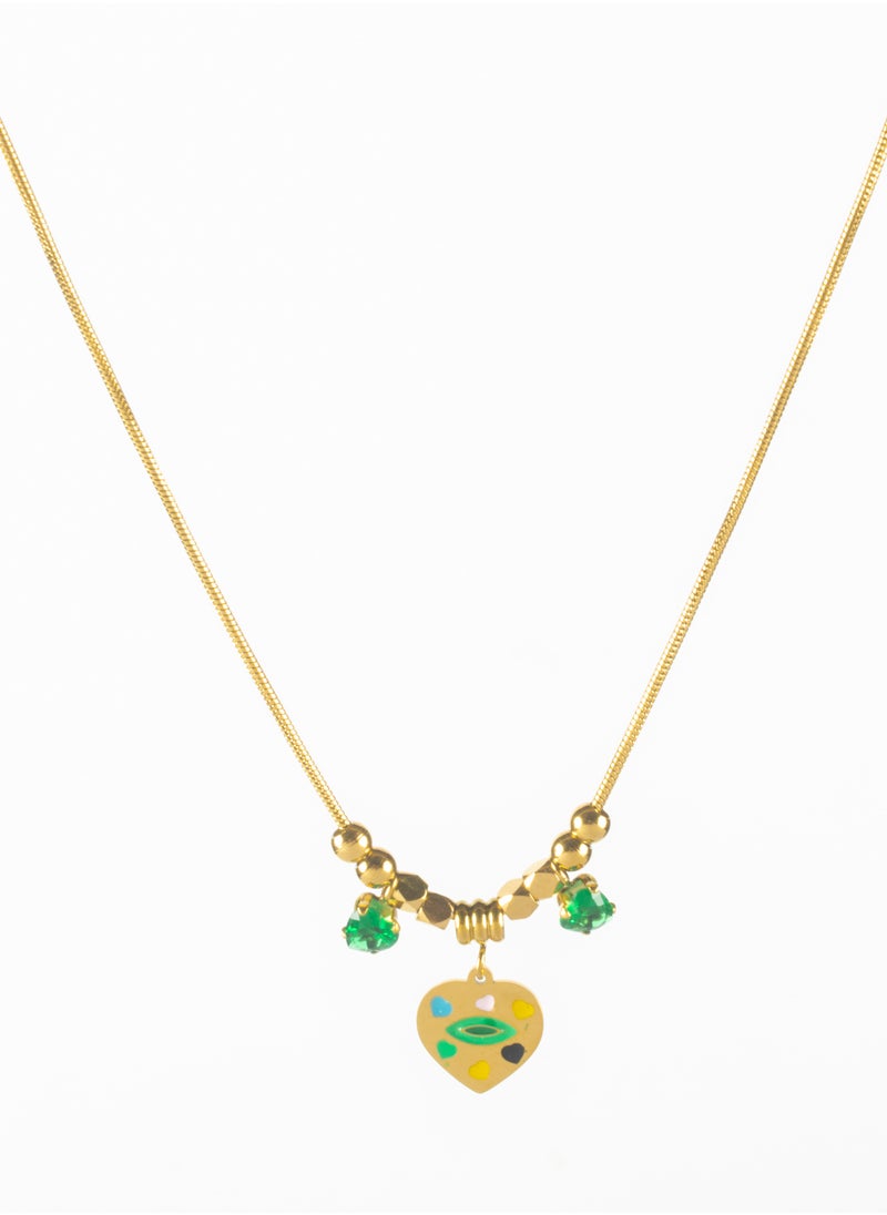 The Black Pearl Accessories - Colorful Heart & Green Zirconia Stainless Steel Golden Pendant Necklace - Image 1