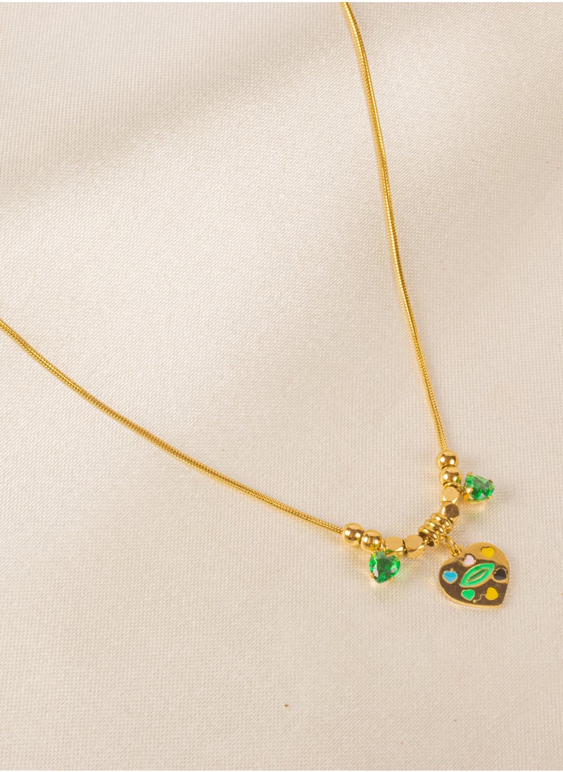 The Black Pearl Accessories - Colorful Heart & Green Zirconia Stainless Steel Golden Pendant Necklace - Image 1