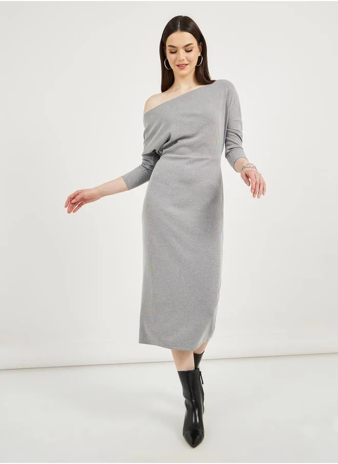 Styli Solid Bodycon Midi Dress with Long Sleeves