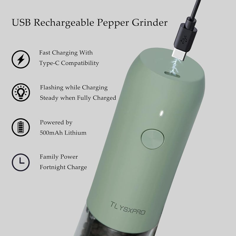 مجموعة مطحنة الملح والفلفل الكهربائية، قابلة للشحن عبر USB، مطحنة ملح وفلفل أوتوماتيكية مع خشونة قابلة للتعديل، شاكرات ملح كهربائية، ضوء LED، قابلة لإعادة التعبئة (عبوتان، لون حكيم) - Image 3