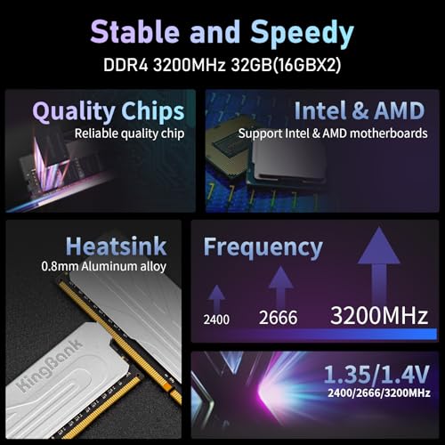 KingBank Computer Desktop Memory Ram DDR4 32GB(2x16GB) 3200MHZ CL16 1.35V XMP2.0 Overclocking with Heatsink for PC Gaming/Office/PS,Silver - Image 4