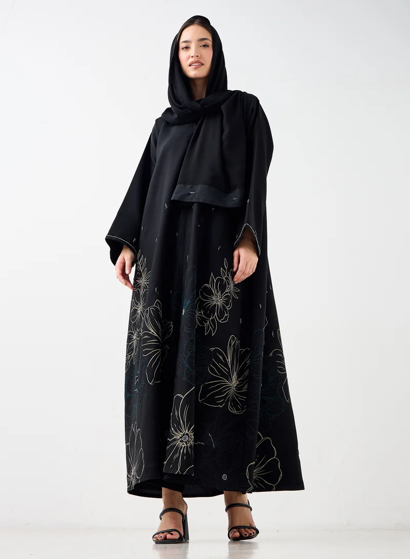 Hadiyath Al Madinah Black Floral Printed Abaya - HM
