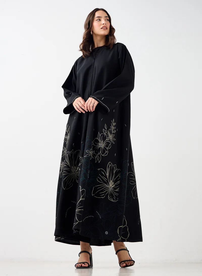 Hadiyath Al Madinah Black Floral Printed Abaya - HM