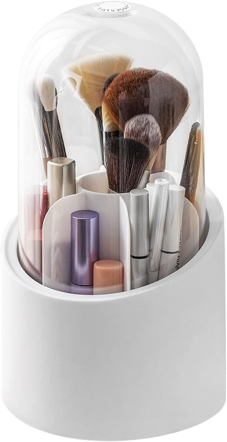 Feinerman 360° Rotating Makeup Brush Holder with Lid, Dustproof Cosmetic Brush Storage Box, Makeup Organizer for Vanity, Desk, or Bathroom Counter, Beauty Storage Box (White) - Image 1