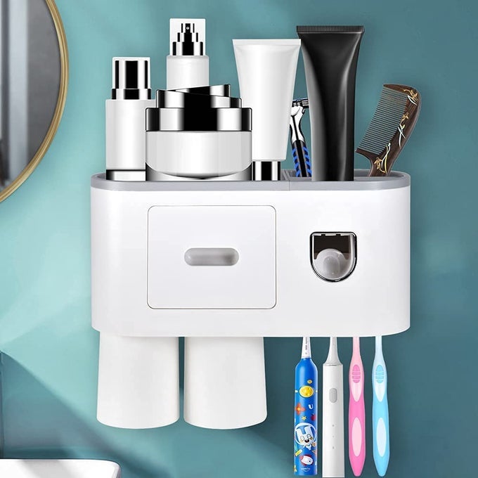 TOOTHBRUSH HOLDER WITH COSMETIC DRAWER ORGANIZER AND TOOTHBRUSH RACK INTEGRATED WITH AUTOMATIC TOOTHPASTE DISPENSER SPACE SAVING WITH MAGNETIC CUP DESIGN TOOTHPASTE2 CUPS