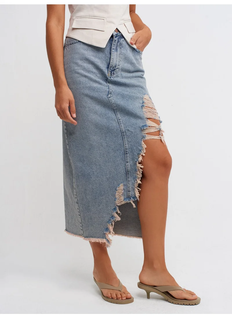 Dilvin 80541 Long Denim Skirt with Large Laser Front-Tint