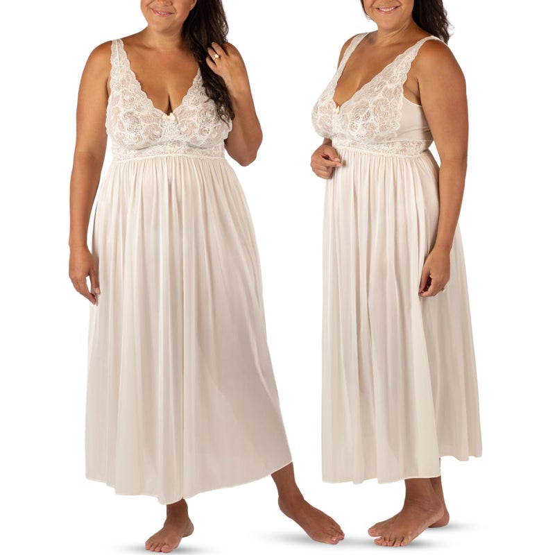 Shadowline Women’s Ivory Long Lace Bodice Nightgown  |  (2X), 53” Length Sleeveless Gown  |  Elegant sleepwear crafted from lightly-shimmering Satintrique nylon and soft stretch lace. - Image 5