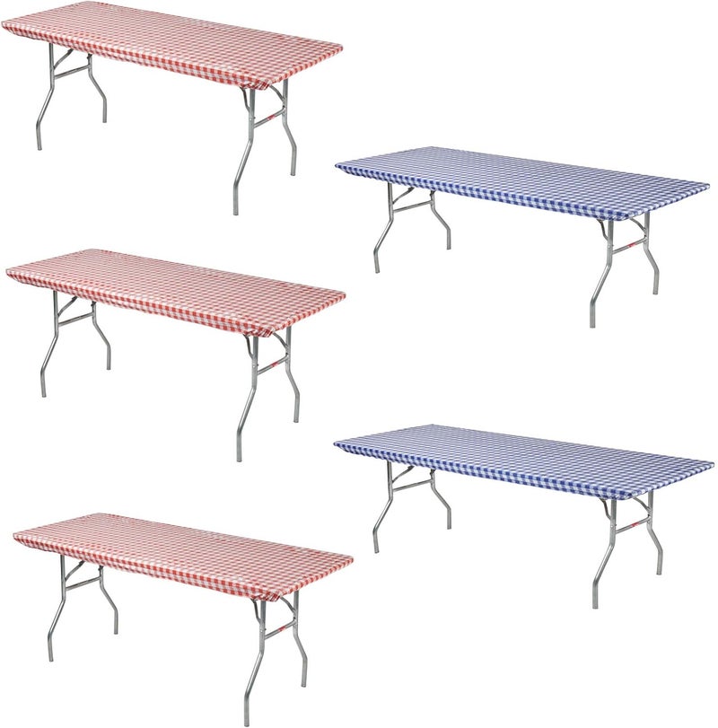 Kwik-Covers 6' Rectangle Plastic Table Covers 30" x 72", Bundle of 5 (Red & Blue Gingham) - Image 1