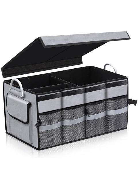 Car Boot Organiser, Collapsible Trunk Organizer with Reinforced Handles, Reflective Strip, Car Boot Tidy Collapsible Organizer 3 Compartments, Non Slip Bottom, Adjustable Securing Straps - Grey