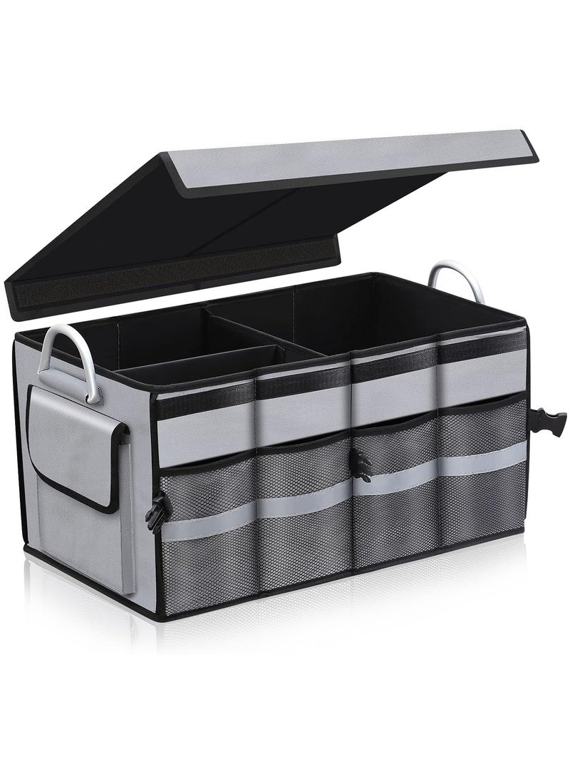 Arabest - Car Boot Organiser, Collapsible Trunk Organizer with Reinforced Handles, Reflective Strip, Car Boot Tidy Collapsible Organizer 3 Compartments, Non Slip Bottom, Adjustable Securing Straps - Grey - Image 1