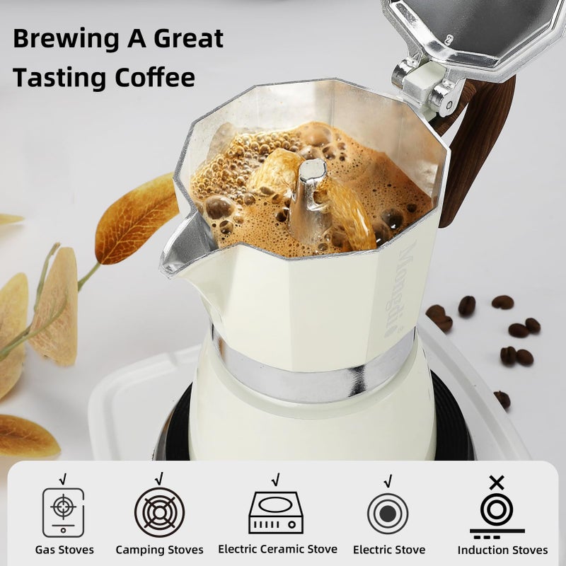 Mongdio Stovetop Espresso Maker Moka Pot, Cuban Coffee Maker Stove top coffee maker Moka Italian Espresso Greca Coffee Maker Brewer Percolator, 3 Espresso Cups, 5 oz - White - Image 3