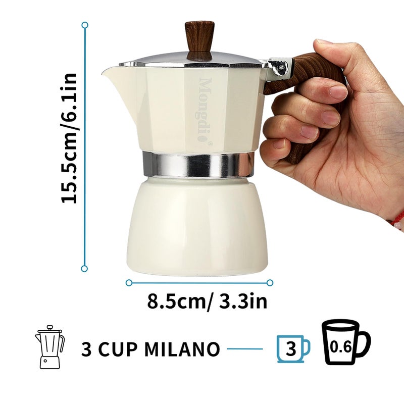 Mongdio Stovetop Espresso Maker Moka Pot, Cuban Coffee Maker Stove top coffee maker Moka Italian Espresso Greca Coffee Maker Brewer Percolator, 3 Espresso Cups, 5 oz - White - Image 4