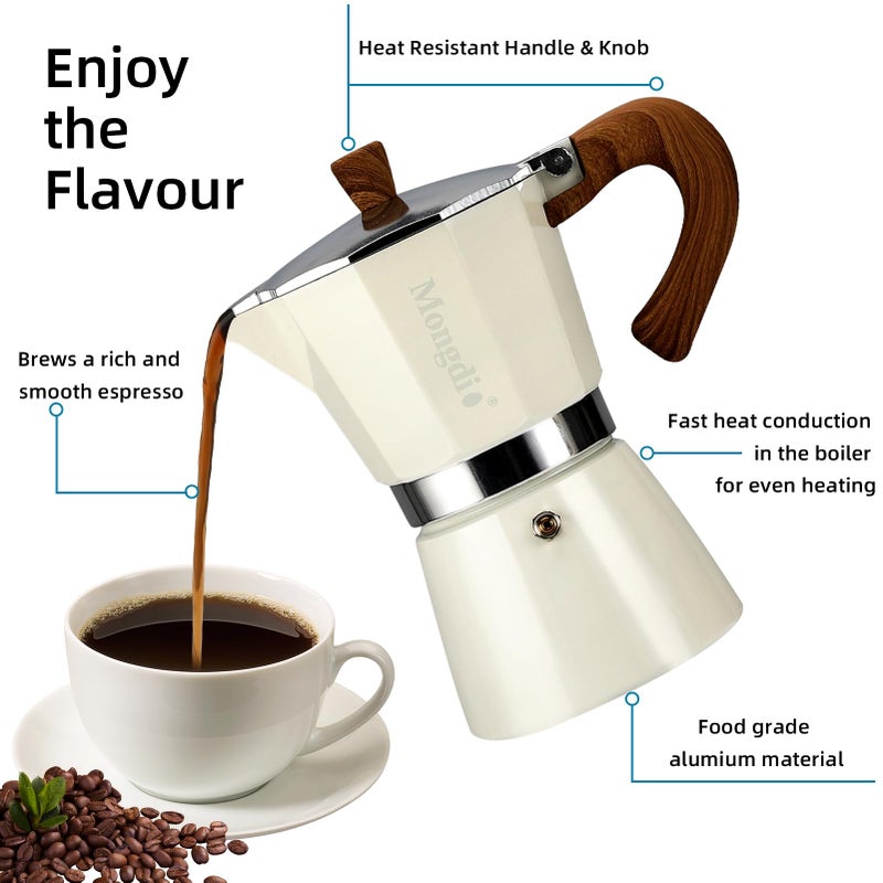 Mongdio Stovetop Espresso Maker Moka Pot, Cuban Coffee Maker Stove top coffee maker Moka Italian Espresso Greca Coffee Maker Brewer Percolator, 3 Espresso Cups, 5 oz - White - Image 2