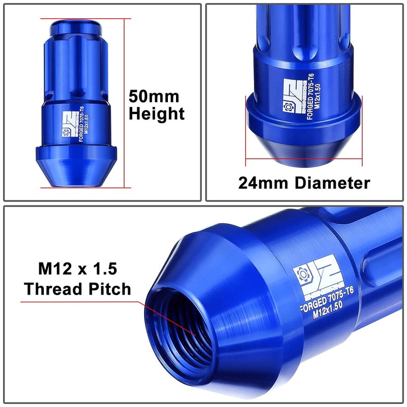 J2 Engineering M12 x 1.5 T6-7075 Aluminum 50mm Closed End Lug Nuts with Deep Drive Extension Adapter - Blue - Image 4