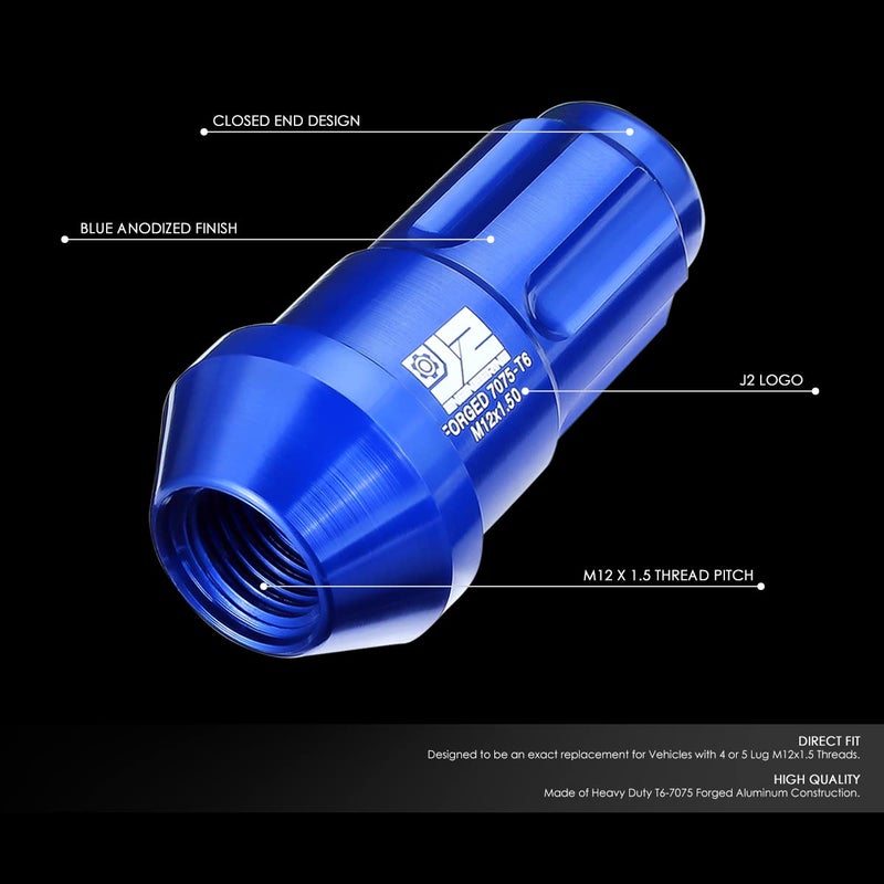 J2 Engineering M12 x 1.5 T6-7075 Aluminum 50mm Closed End Lug Nuts with Deep Drive Extension Adapter - Blue - Image 2