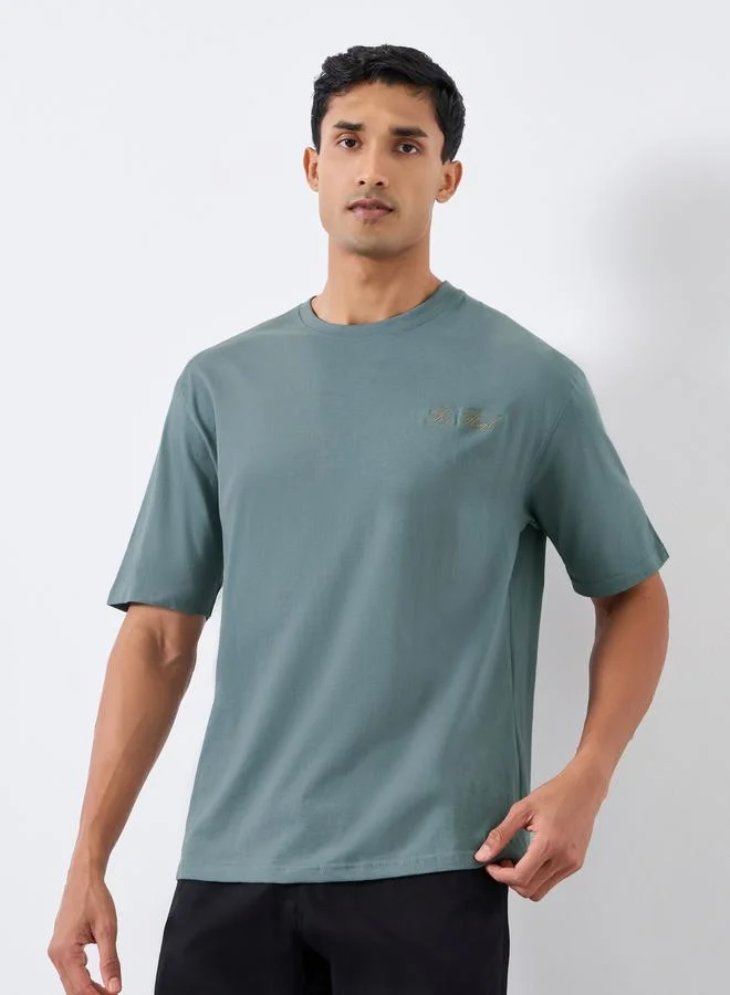 Styli Men Grey Oversized Chest Embroidery T-Shirt