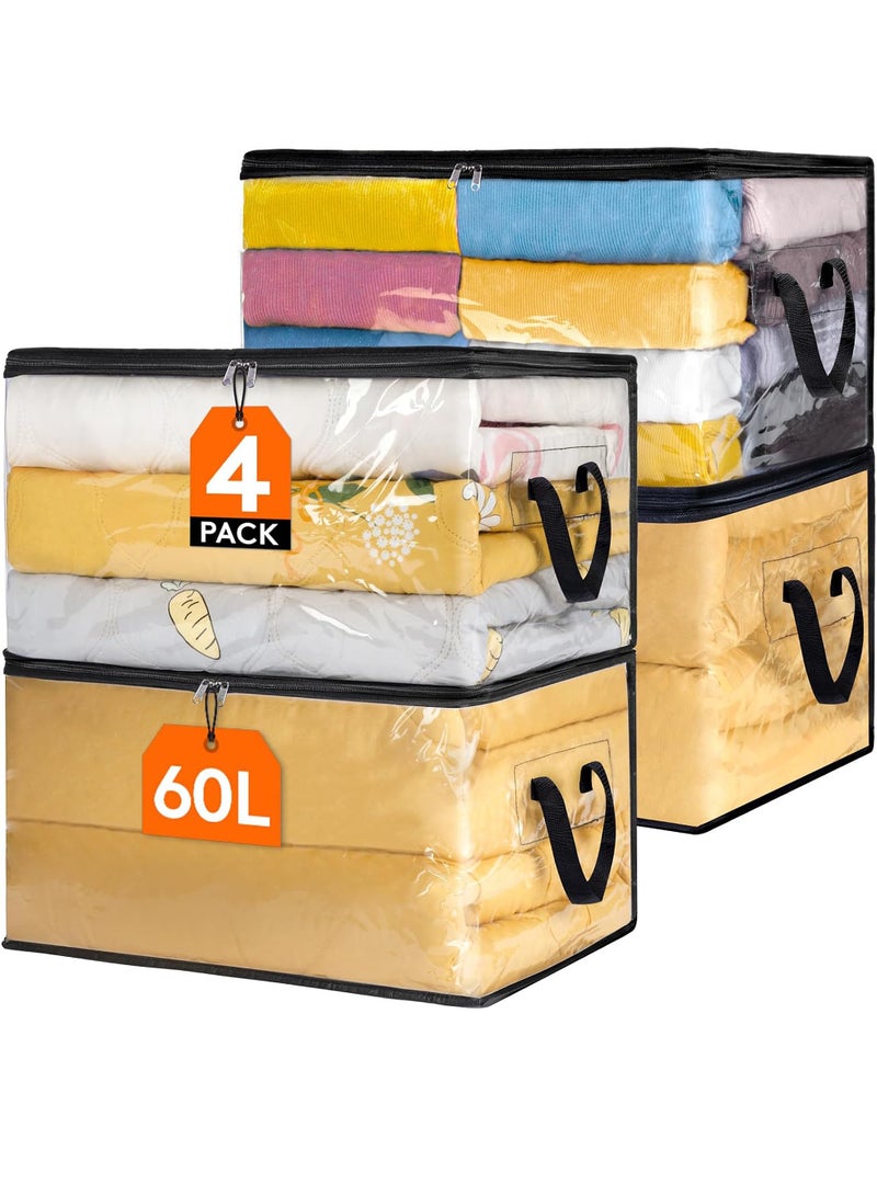 4 Pack Clear Clothes Storage Bags, 60L Plastic Blanket Storage Bags, Vinyl Foldable Moving Bags with Zipper, Closet Organizers and Storage Containers for Bedding, Duvet, Pillow