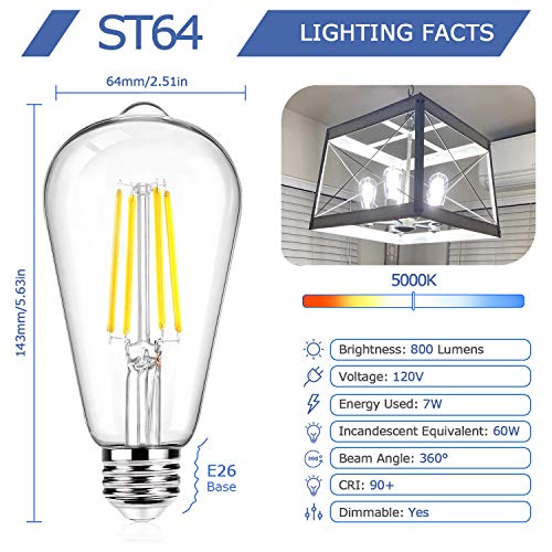BesLowe 12Packs ST64 Large Vintage LED Edison Bulbs, 60W Equivalent 7W, 800Lumens, Dimmable Antique LED Filament, 5000K Cool White, E26 Medium Base Light Bulbs High Brightness Clear Glass for Bedroom Office - Image 4